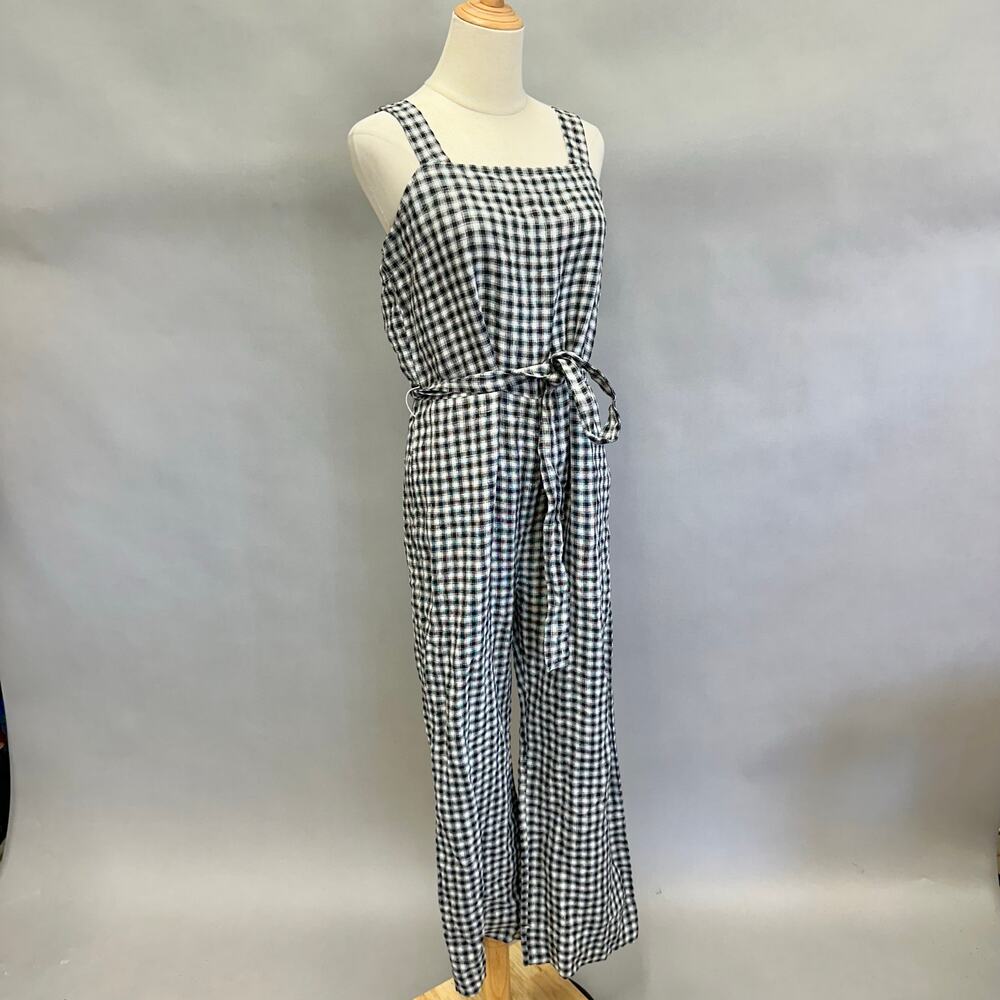 Quince European Linen Square Neck Jumpsuit in‎ Khaki/Black Gingham Medium NWT - Picture 10 of 16